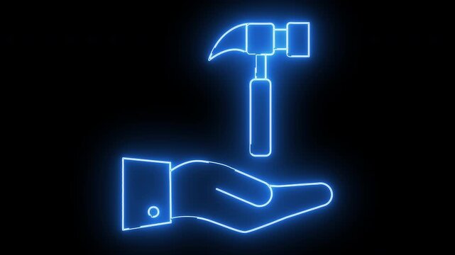 hand icon carrying hammer icon with neon effect