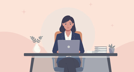 Smiling businesswoman working diligently on a laptop at her office desk. Ideal for concepts of productivity, remote work, or online learning.