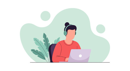 Person with headphones focused on laptop work, surrounded by a plant, symbolizing remote work, online learning, or digital productivity. Ideal for business and modern lifestyle themes.