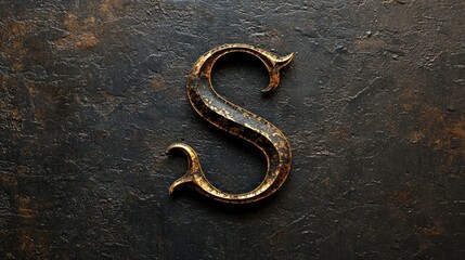 Fototapeta premium A gold letter S on a dark, textured background with a rough, dark stone-like surface.