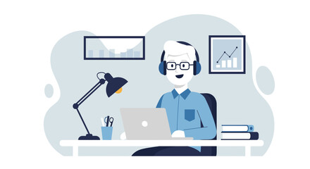 Focused man wearing headphones works remotely on laptop at desk, surrounded by office items and charts, symbolizing productivity and modern business communication.