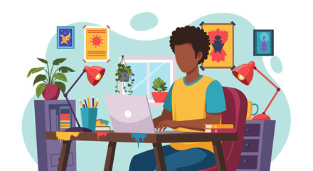 Creative person working remotely on a laptop in a colorful home office setting. Depicts productivity, online learning, freelance work, or lifestyle.