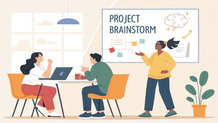 Diverse team collaboratively brainstorming project ideas in a modern office. Showcases teamwork, creativity, and problem-solving for business and innovation concepts.