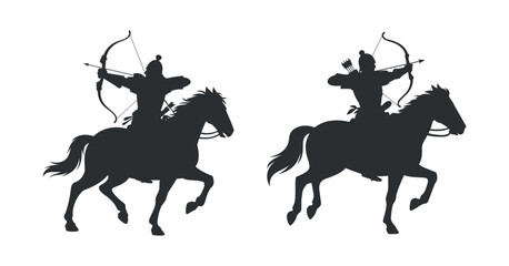 Archer on Horseback Silhouette Set Aiming with Bow and Arrow for Historical and Equestrian Illustrations