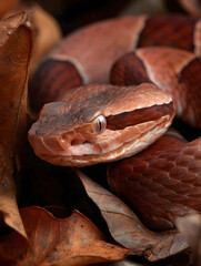 Fototapeta premium Copperhead snake close up, resting on dry brown leaves, displaying detailed scales and natural camouflage, evoking sense of calm and alertness in forest environment