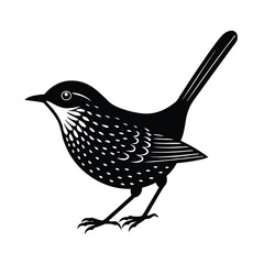 Zapata Wren Bird Illustration Black and White Silhouette on White Background