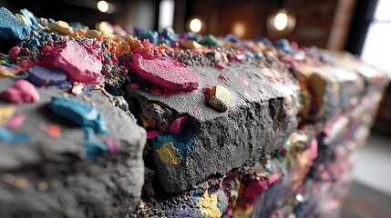 the image displays a layered structure with a rough, dark gray base material covered in brightly colored fragments