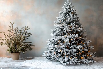 Flocked Christmas tree with warm lights and small potted evergreen in snow flocked tree