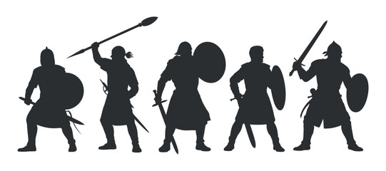 Collection of Medieval Warrior Silhouettes with Swords, Spears, and Shields on a Transparent Background for Design Projects