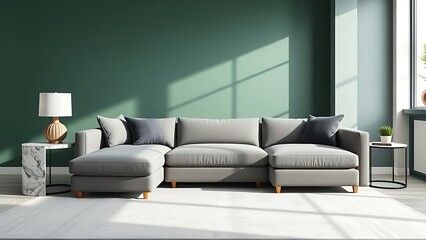 Modern living room with grey sofa and green accent wall, featuring elegant marble decor.
