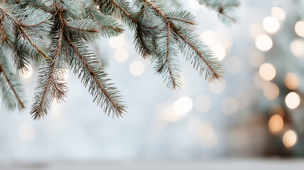 Nahaufnahme von winterlichem Tannenzweig mit Bokeh Lichtern im Hintergrund