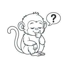 Outlined Monkey Cartoon Character with Question Mark: A Vector Illustration of a Thinking Ape