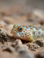 Goby fish close up resting on sandy ground, displaying colorful spotted pattern and vibrant eye, underwater marine life, peaceful and natural habitat