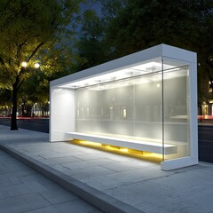 Fototapeta premium A modern, minimalist bus stop design features large, clear windows that showcase the urban night scene, enhanced by soft, ambient lighting.