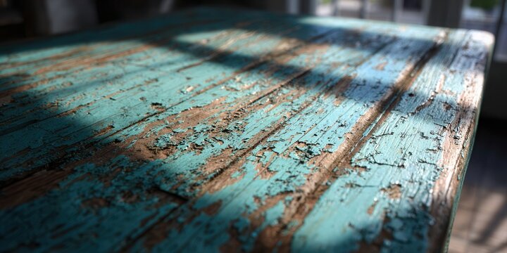 Distressed teal wood surface bathed in warm sunlight, showcasing rustic texture and peeling paint.