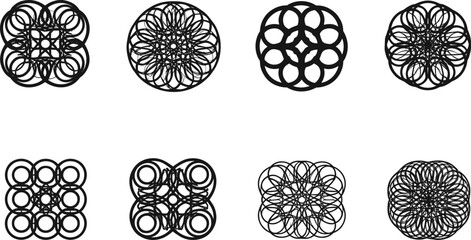 Geometric circular pattern set, modern abstract line art shapes, black symmetrical decorative elements, radial vector design for graphic projects.