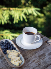Cup of coffee with blue cheese and blueberry plate served in a pine forest.