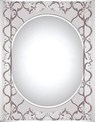 An ornate, decorative oval frame with intricate, decorative borders showcases a blank, light-gray background.