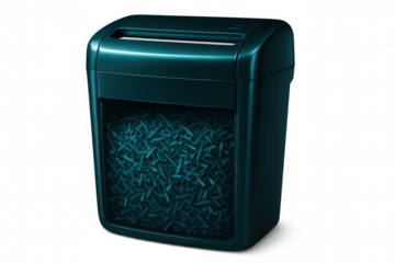 Modern paper shredder destroying confidential documents, ensuring data privacy and information security on transparent background