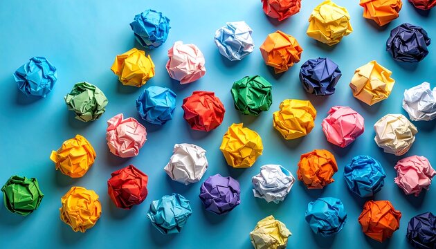 Colorful crumpled paper balls arranged artfully on a vibrant blue background. - Powered by Adobe