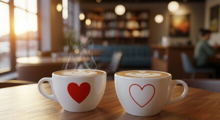 Coffee cups with heart latte art in cozy cafe setting