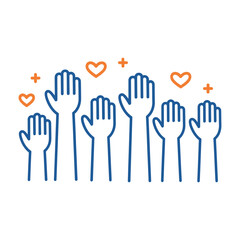 Obraz premium Community Support Hands Raised with Hearts and Plus Signs Icon Vector Illustration: Volunteerism, Charity, Helping Hands, Solidarity, and Social Support