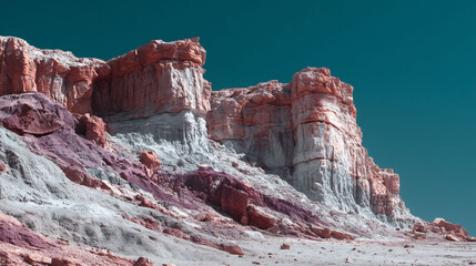 Explore the colorful rock formations of the desert landscape under a clear blue sky