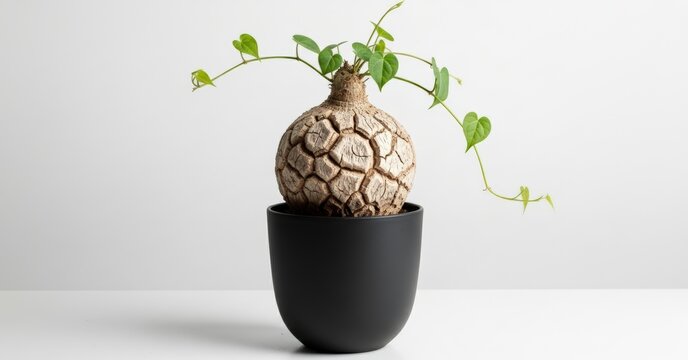 Unique succulent bulb plant with cascading green stems in a modern black pot