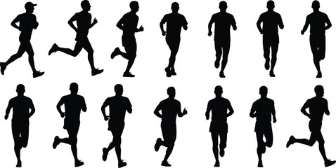 Running man silhouette set, jogging exercise, fitness training, active lifestyle, healthy sport, outdoor workout, athletic movement, black vector figures.