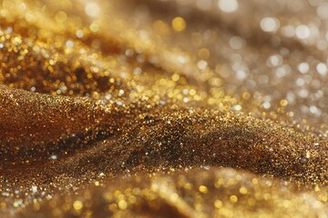 Luxurious golden glitter fabric sparkles with soft bokeh, creating an elegant shimmering backdrop for festive occasions.