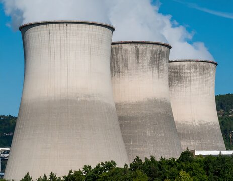 Three large industrial cooling towers emit steam against a blue sky