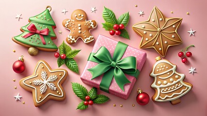 Photo of assortment of christmas gingerbread cookies in festive shapes like trees and stars, a pink gift box with a green bow, and holly berries on a soft pink background