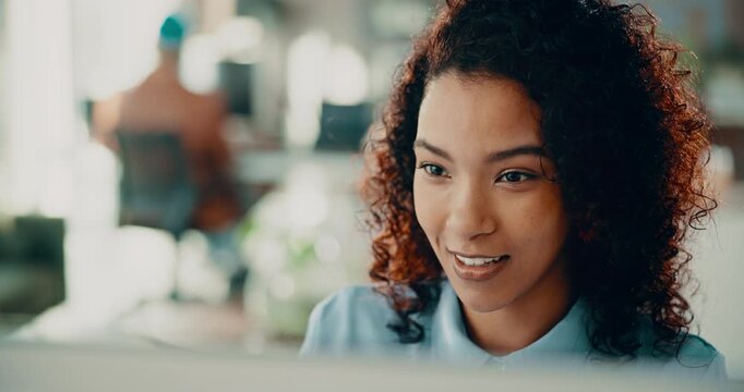 Smile, computer and research with business woman in office for web designer, planning and email. Homepage layout, project and creative with frontend developer or person in tech startup for space