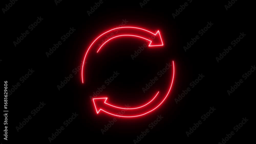 Poster motion graphic animation of neon arrow is turning around. refresh button, circle arrow repeat, reloa