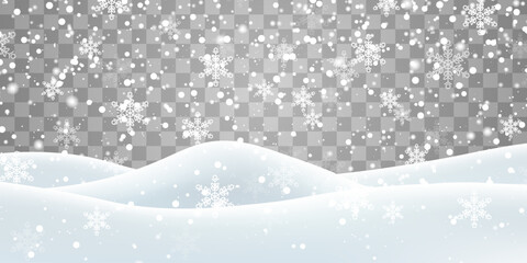 Vector heavy snowfall with snowbanks field. Snow landscape decoration, frozen hills isolated on png background. Snow flakes, snow and blizzard falling on snowdrifts. Christmas vector illustration