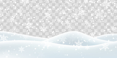 Vector heavy snowfall with snowbanks field. Snow landscape decoration, frozen hills isolated on png background. Snow flakes, snow and blizzard falling on snowdrifts. Christmas vector illustration