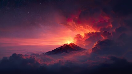 Volcano eruption over clouds sunset view