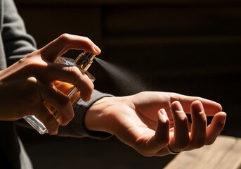 Hands applying handmade perfume, natural fragance, rustic lifestyle 