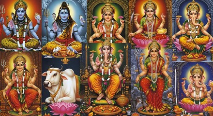 Fototapeta premium Colorful Hindu Deities Collage with Cow and Lotus Flowers