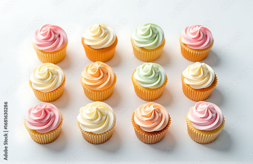 Poster dozen delicate mini cupcakes artfully arranged precise rows pristine white background bathed soft mo