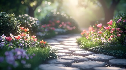 Soft light bathes the garden path, with flowers swaying in the breeze