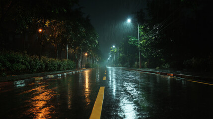 Fototapeta premium A wet asphalt road at night with street lights and trees lining the sides in the dark and rainy weather