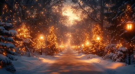 Snow covered park path lined with illuminated Christmas trees and lanterns winter