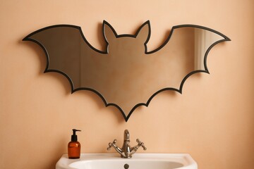 Naklejka premium A bat-shaped mirror hangs above a bathroom sink with a vintage faucet and a brown soap dispenser on a peach wall.