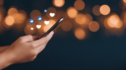 A hand holding a smartphone with social media icons floating above, set against a blurred background of warm bokeh lights.