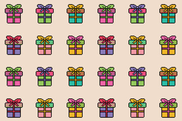 Seamless pattern with gifts. Pixel art - multicolored gift boxes on a beige background. Vector background.