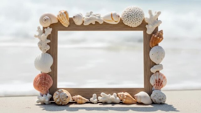 Seashells and coral frame a view of the beach, with the ocean blurred in the background