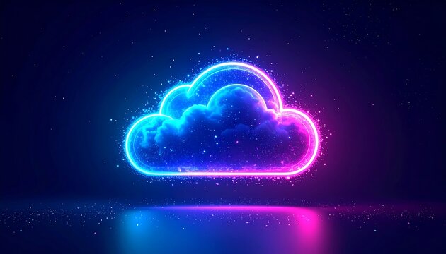 Glowing Neon Cloud Symbol Digital Art Abstract Technology Background.