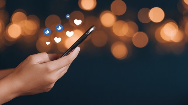 A hand holding a smartphone with social media icons floating above, set against a blurred background of warm bokeh lights.
