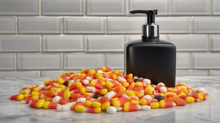 A black pump dispenser sits behind a pile of colorful candy corns on a white marble surface with a gray tiled backsplash.